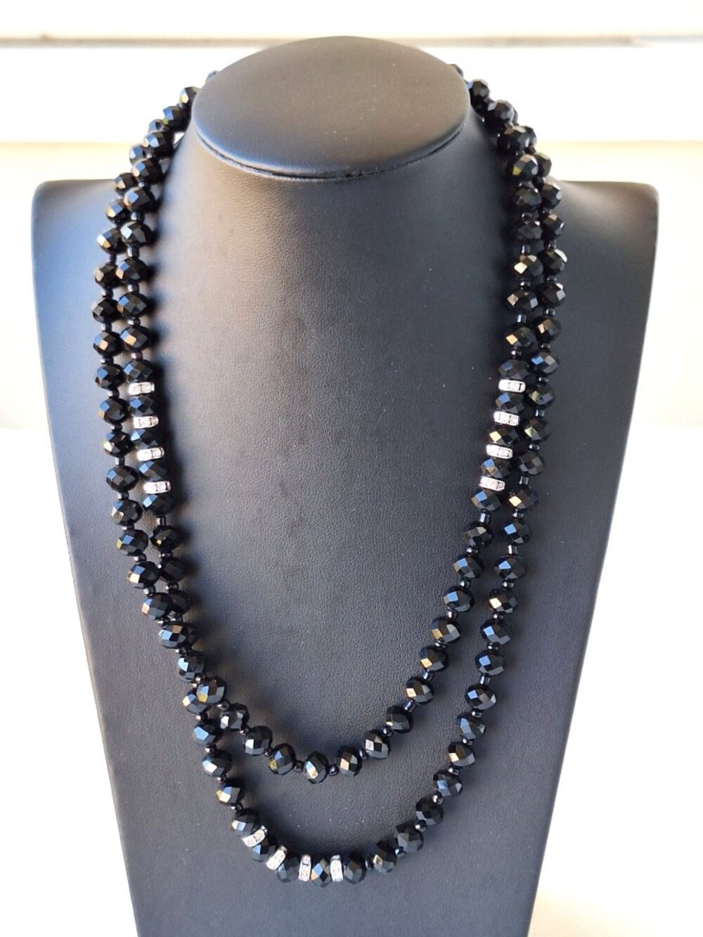 Vintage Banana Republic Black Crystal Long Flapper Necklace Clear Rhinestone Ron